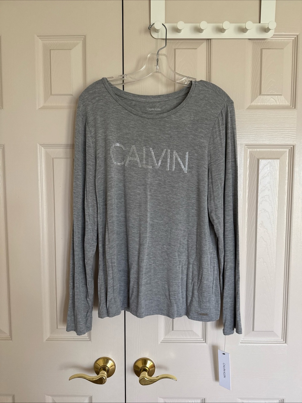 Calvin Klein Gray Rhinestone Logo Crew Neck Long Sleeve Women's Top L-NWT